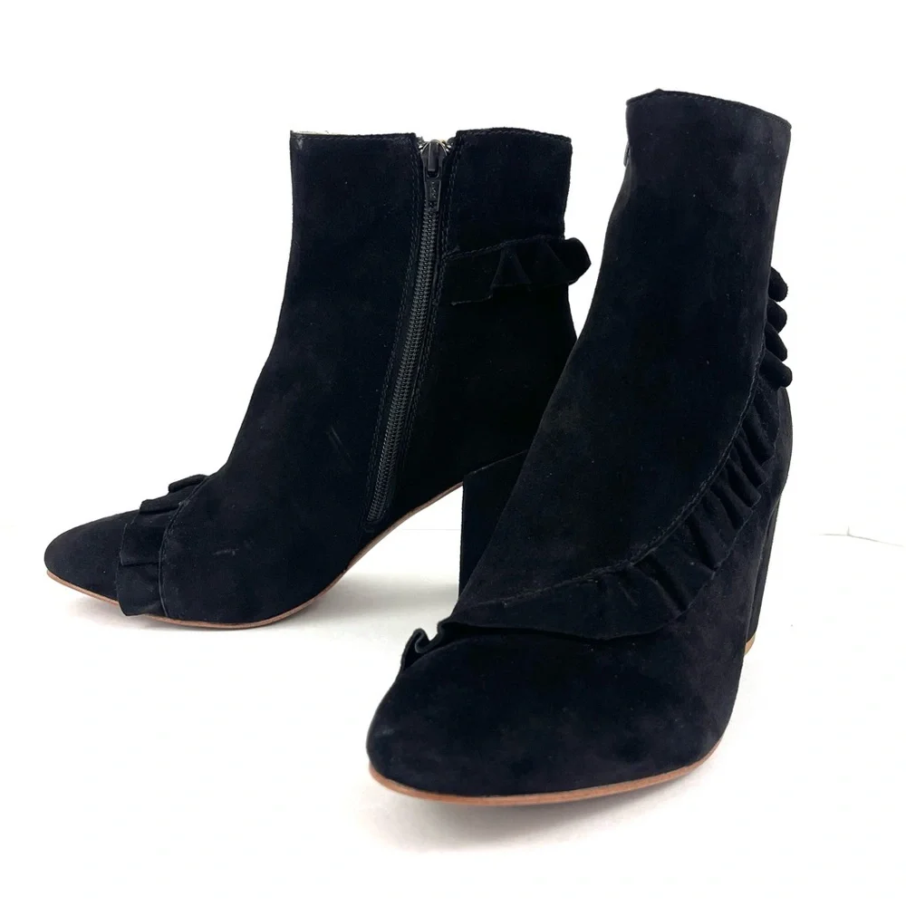 Latigo Kahlia Black Suede Boot with Ruffle Detail Block Heel Ankle Booties
